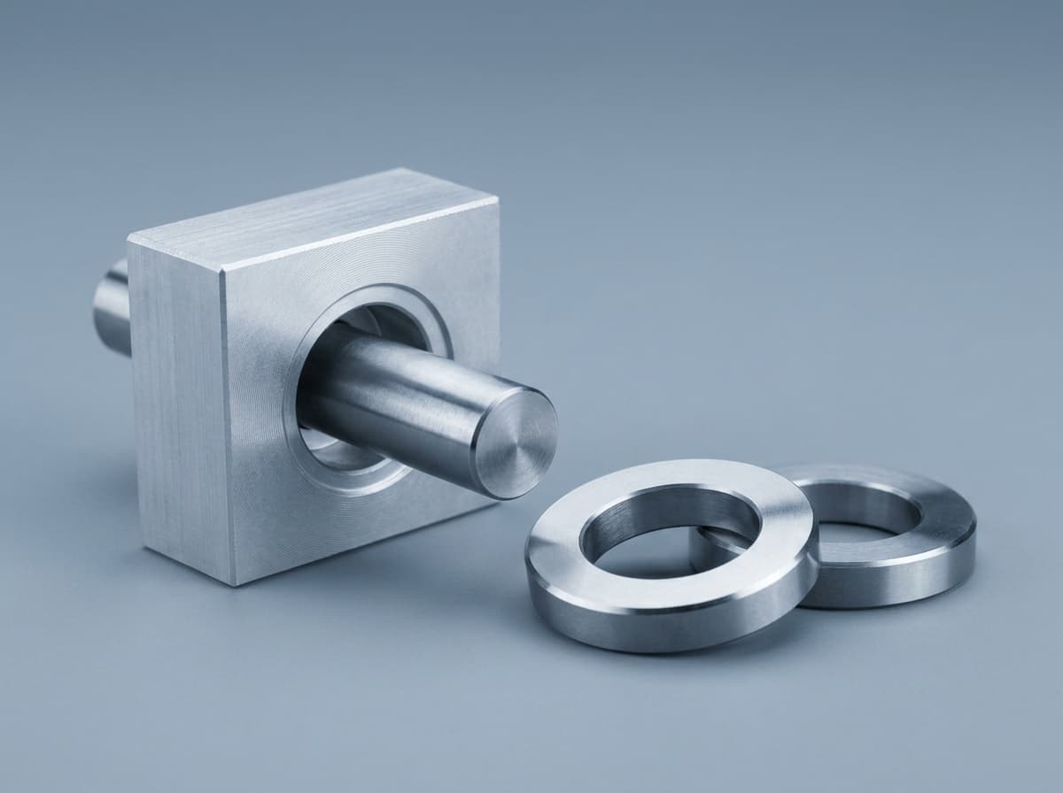 Lehrdorn in der Bohrung eines gefrästen Aluminiumteils, daneben zwei Lehrringe