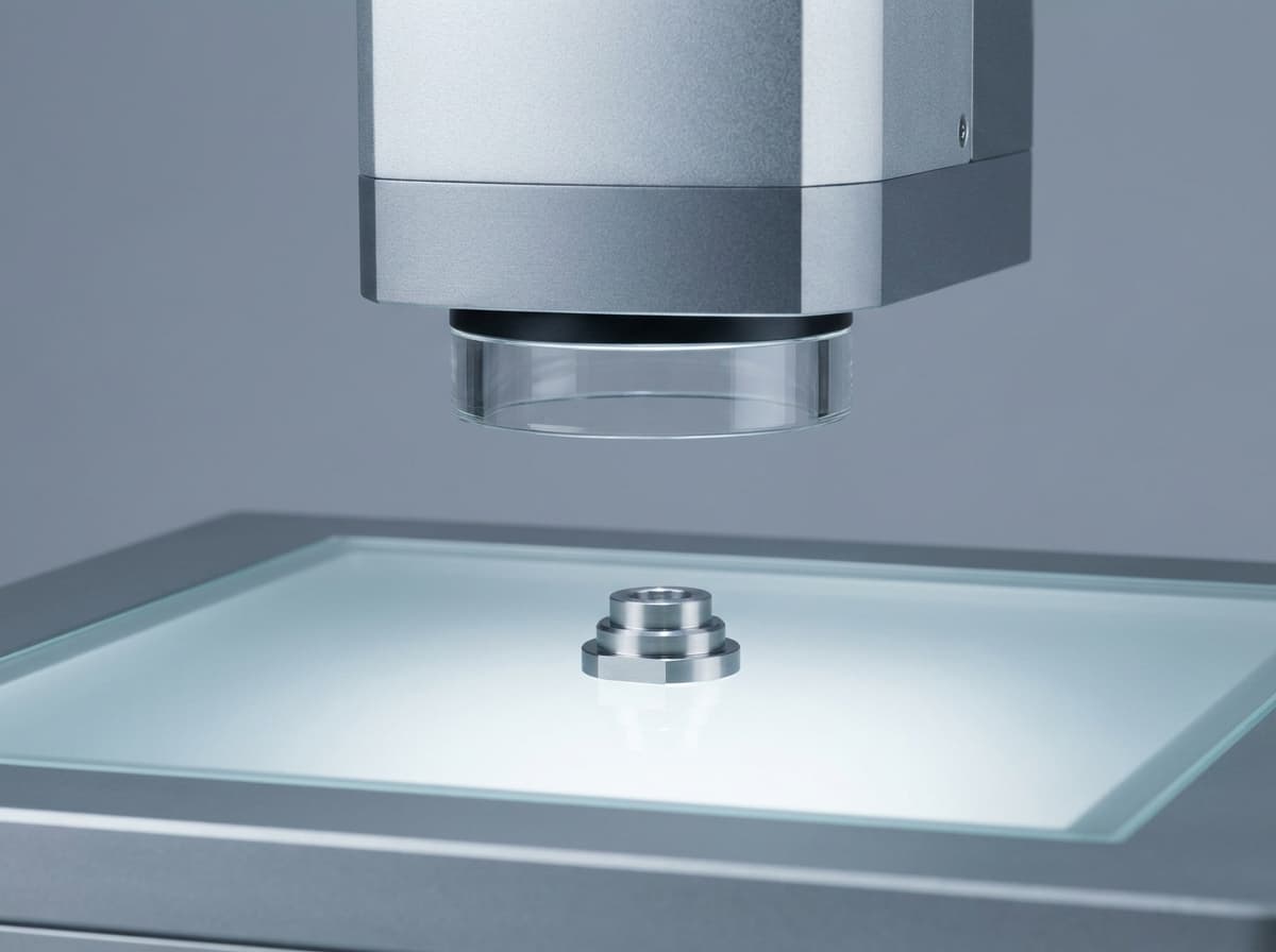 Ein optisches Messsystem mit Objektiv über einem gedrehten Teil auf dem Glastisch