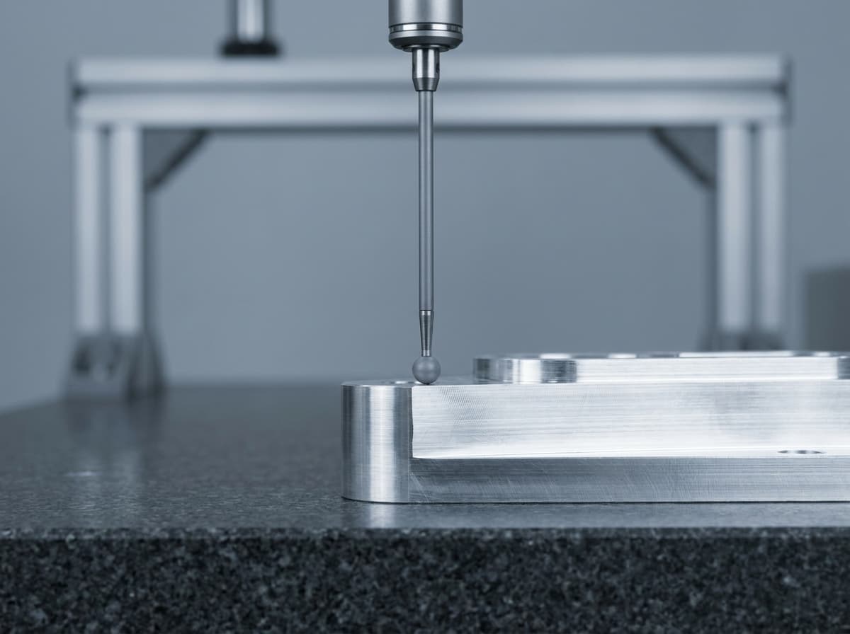 Der Taster einer Koordinatenmessmaschine berührt ein gefrästes Aluminiumteil