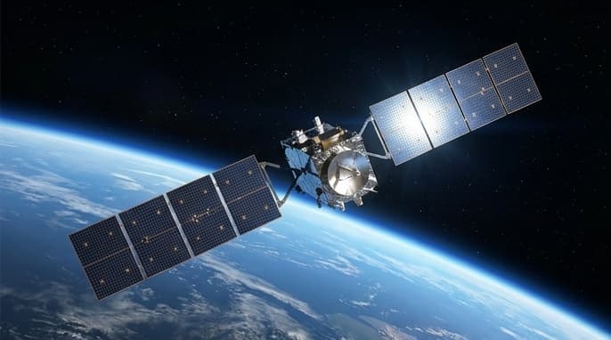 Ein Satellit mit Solarpaneelen in der Umlaufbahn über der Erde