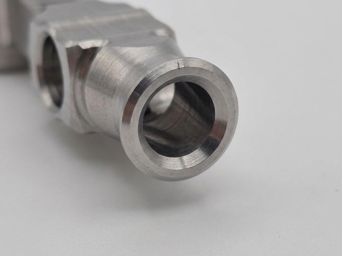 Nahaufnahme der Anschlussbohrung an einem Arm des Fluidverteilers