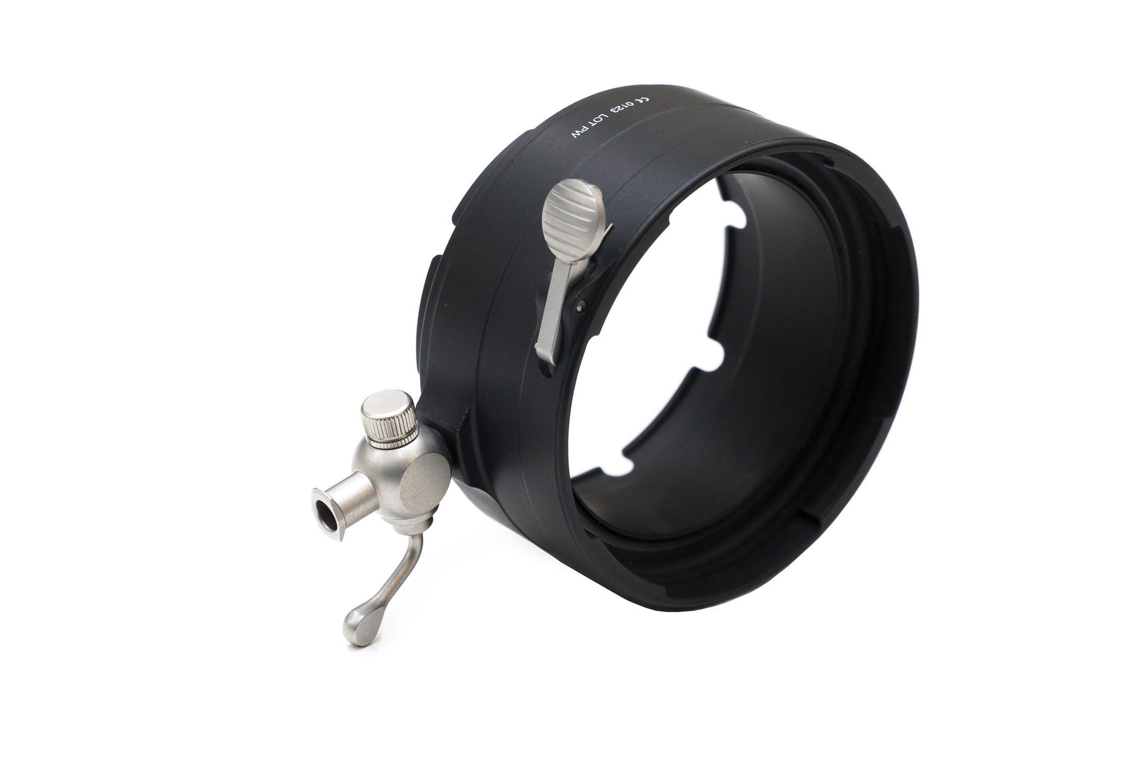 A machined housing ring with its stainless valve fitting